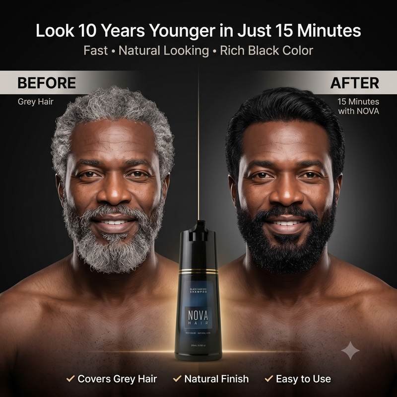 NovaHair before and after — grey hair covered